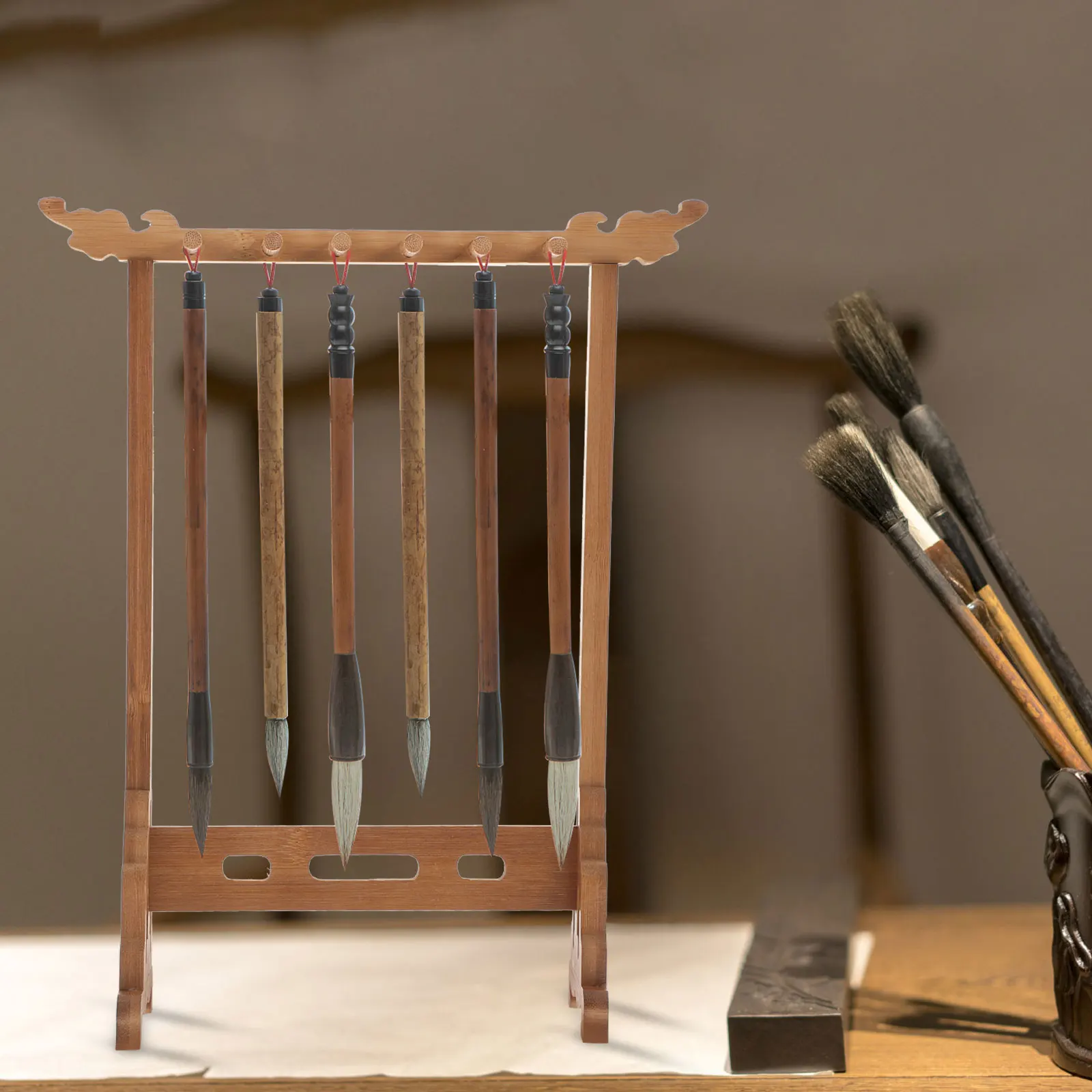 

1Pcs Brush Pen Rack Classic Wood 8 Hanging Ink Brush Holder Desktop Decor Calligraphy Four Treasures Pen Organizer