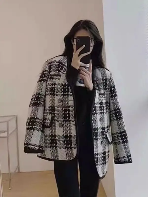 

plus Size 300 Pou Women's Loose Outerwear Autumn Winter Plaid Jaet Versatile Casual Sle Korean Faion Pear Body...