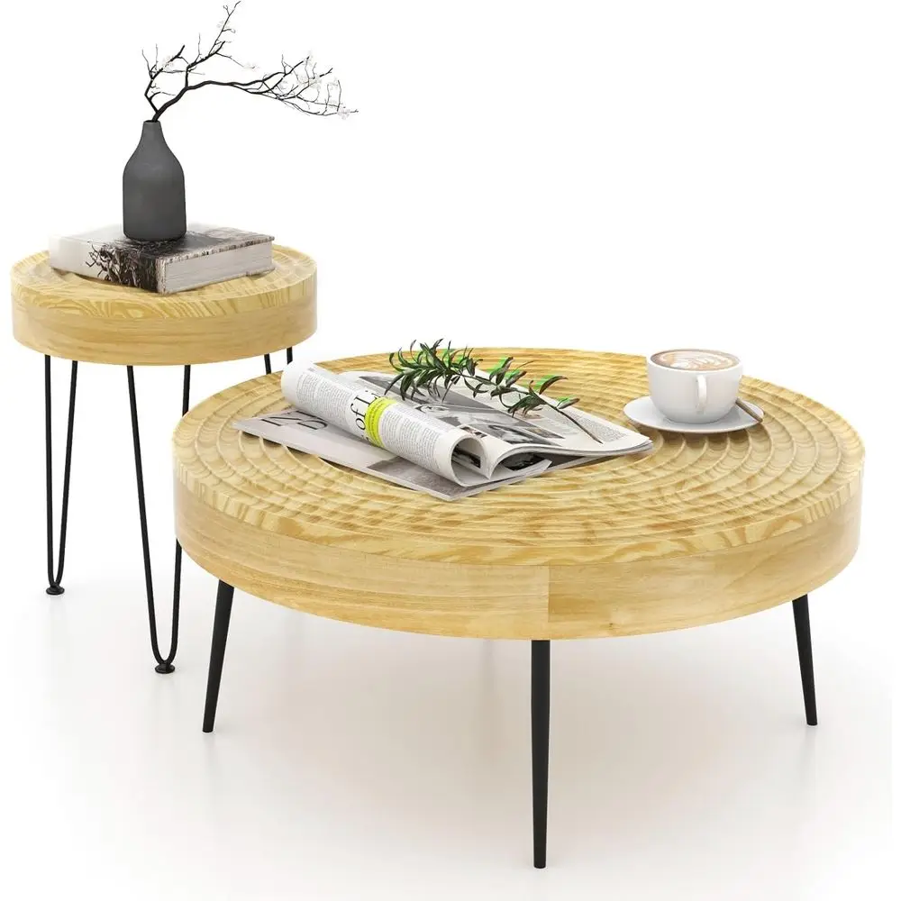 

Комплект журнальных столиков в деревенском стиле из дерева и металла с 2 приставными столиками, регулируемыми ножками, идеально подходит для гостиной и спальни (натуральное дерево)