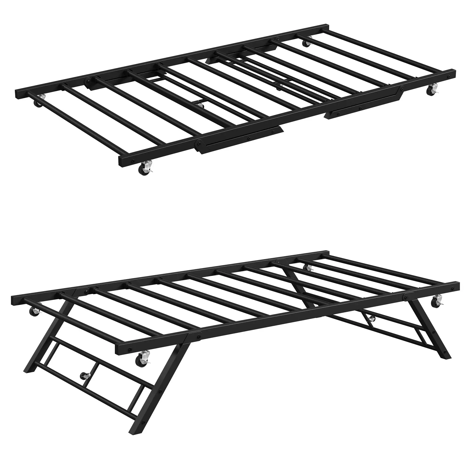 Twin Pop Up Trundle Bed Frame, Trundle Day Bed with Lockable Casters | Foldable Metal Platform,Heavy Duty Metal Slats,Use Solo or With Daybed,For Guest Room,Living Room,Space Saving