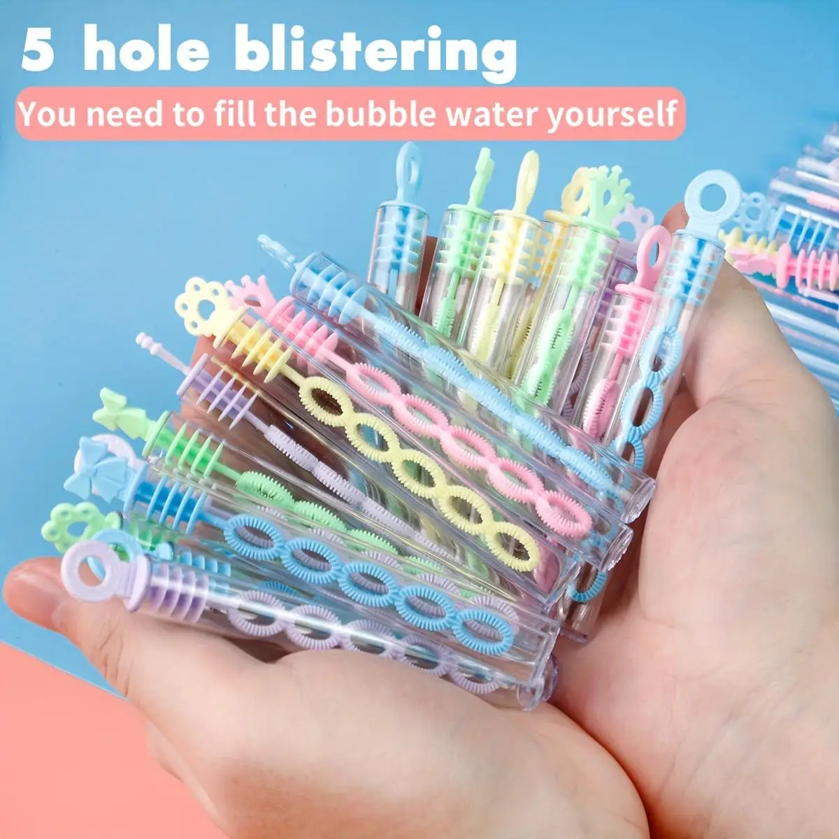 Ensemble de baguettes à bulles en plastique, avec conception en blister à 5 trous, pour cadeaux de fête (ne contient pas de liquide à bulles)