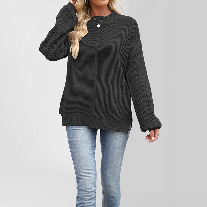 

2025 New Autumn and Winter Women's Sweater Solid Color Semi High Neck Loose Pullover Knitted Sweater