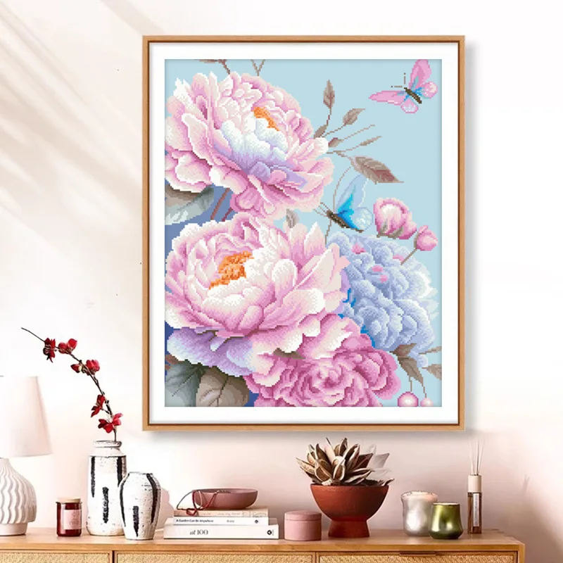 

Vertical Pearl Embroidery Peony Flower Cross Stitch round Bead Bedroom New Sle Home Fabric Art Cotton Cloth Living Room