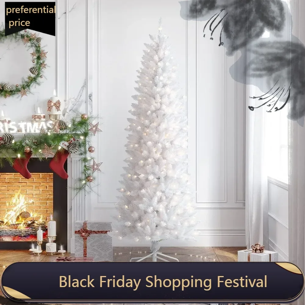 

6.5ft White Christmas Tree, Fraser Fir Pencil Artificial Slim Trees Holiday Decor Prelit 250 Warm Lights 712 PVC Branch Tips