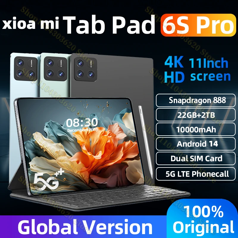 2024 New Super memory  Pad 6S Pro HD 4K Android 14.0 Snapdragon 888 11 inch 22GB+2TB 10000mAh tablet 5G dual card WIFI Mica