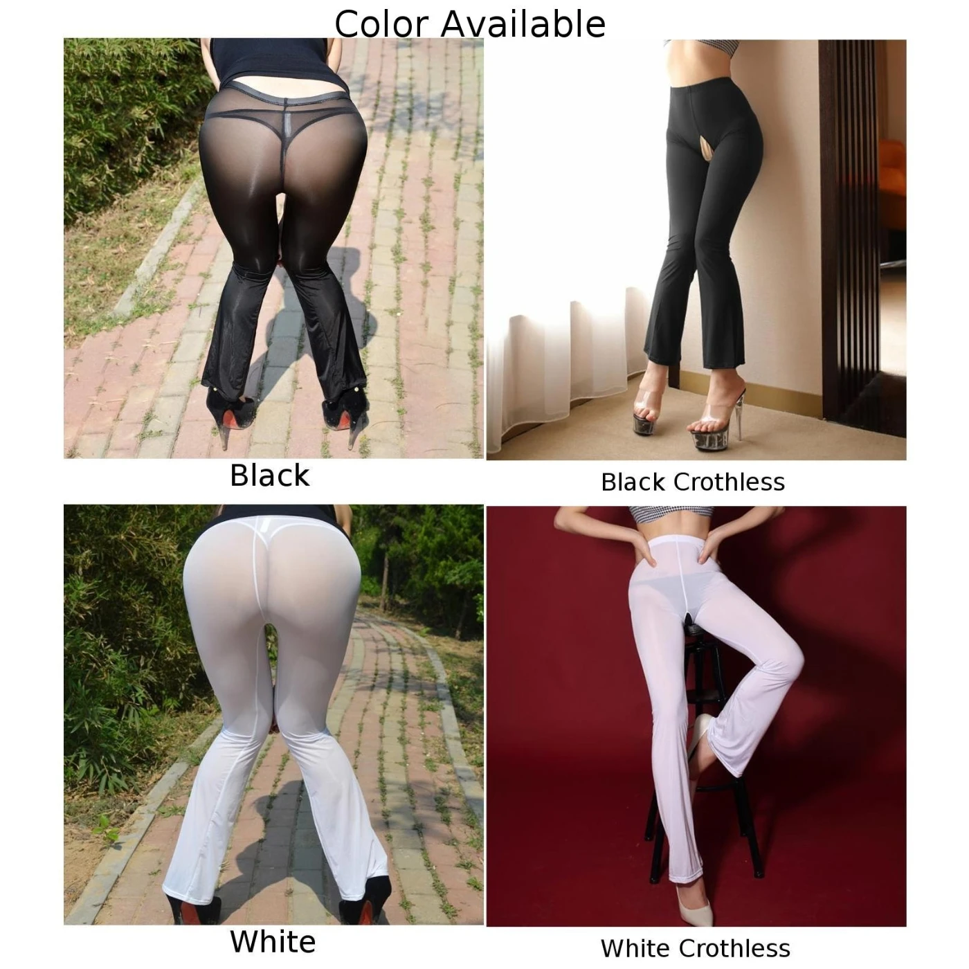 Trousers Pants Sexy Sheer Smooth Solid Color Women Crothless Daily Flared Trousers High Waist Holiday Ice Silk