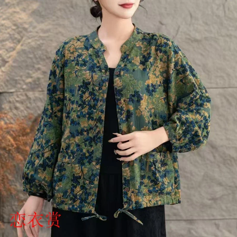 

Women's Floral Print Cotton Linen Jacket Casual Loose Long Sleeve Cardigan