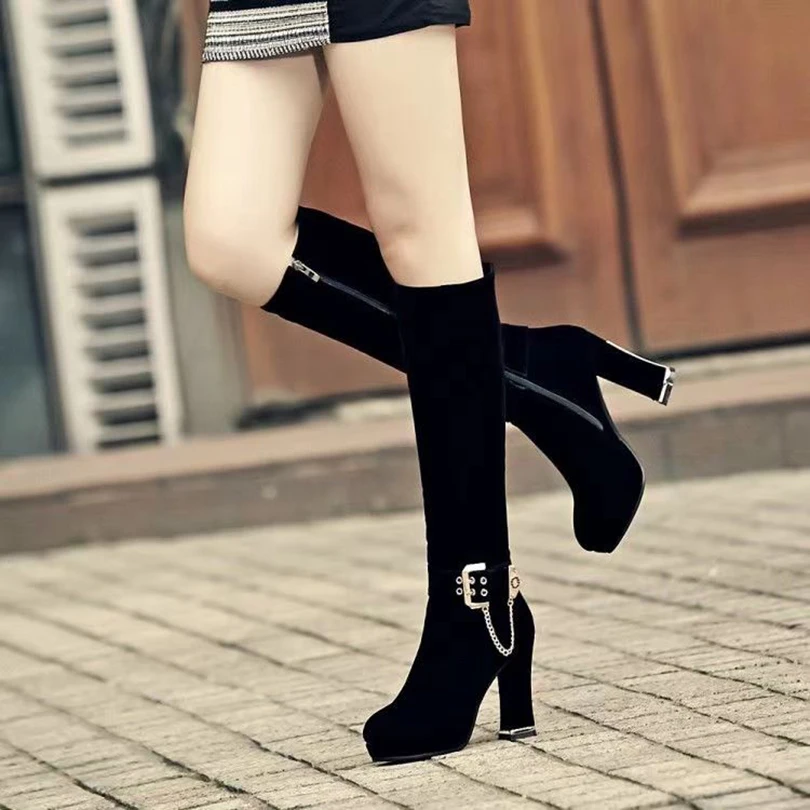 Ankle Metal Belt Buckle Metal Chain Frosted Flock Women's Elastic Boots Platform Ultra-High Thick Heel Zipper Knee High Boots