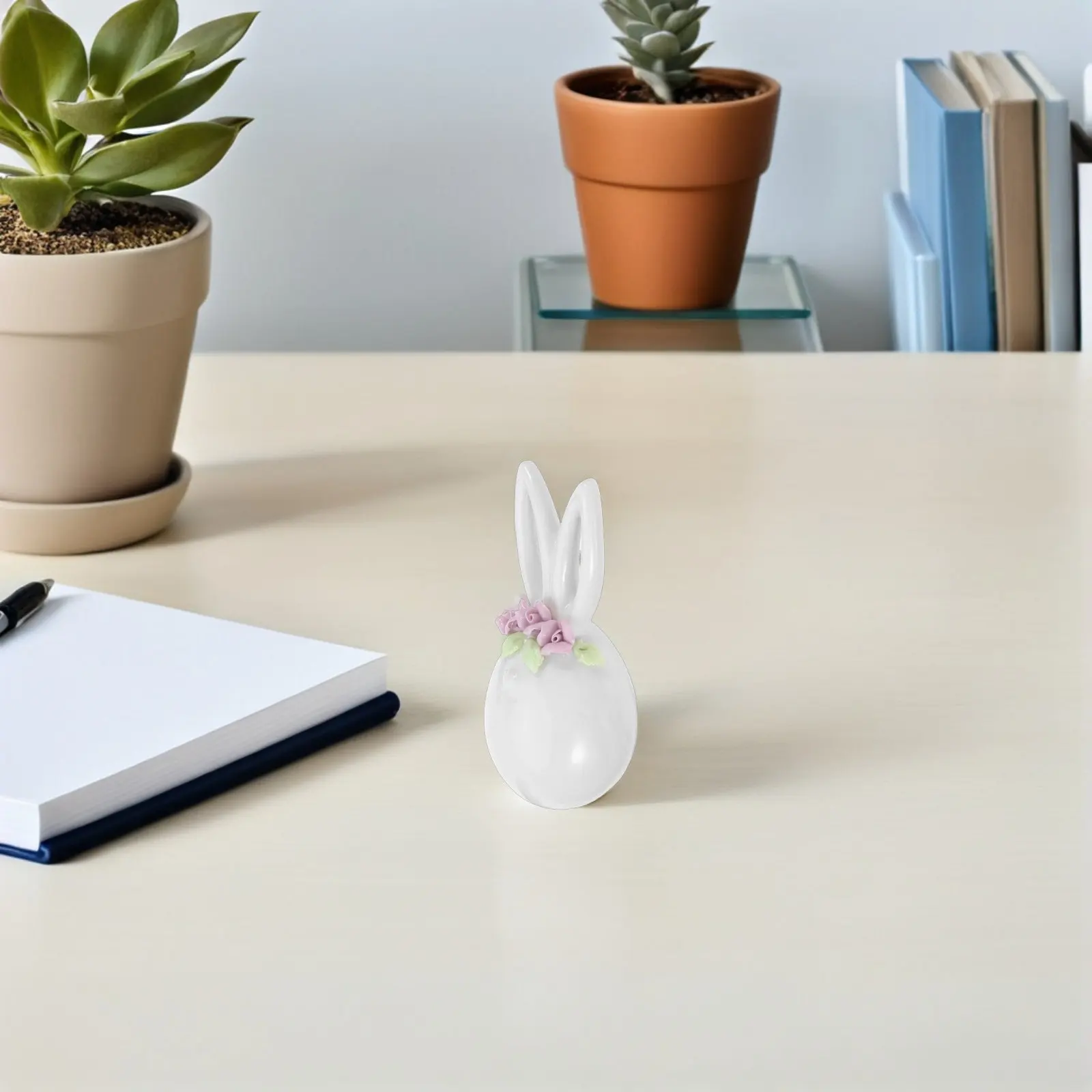 Ceramic Bunny Sculpture with Floral Wreath Easter Decoration Artistic Handcrafted Rabbit Statue for Living Room Bookshelf
