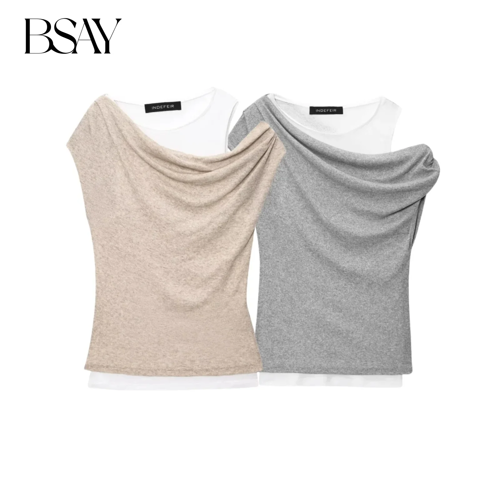 

BSAY T-shirt for Women Fashion Summer New Asymmetric Double-layer Round Neck Tee Pullover Top Chic Female T-Shirts Mjuer