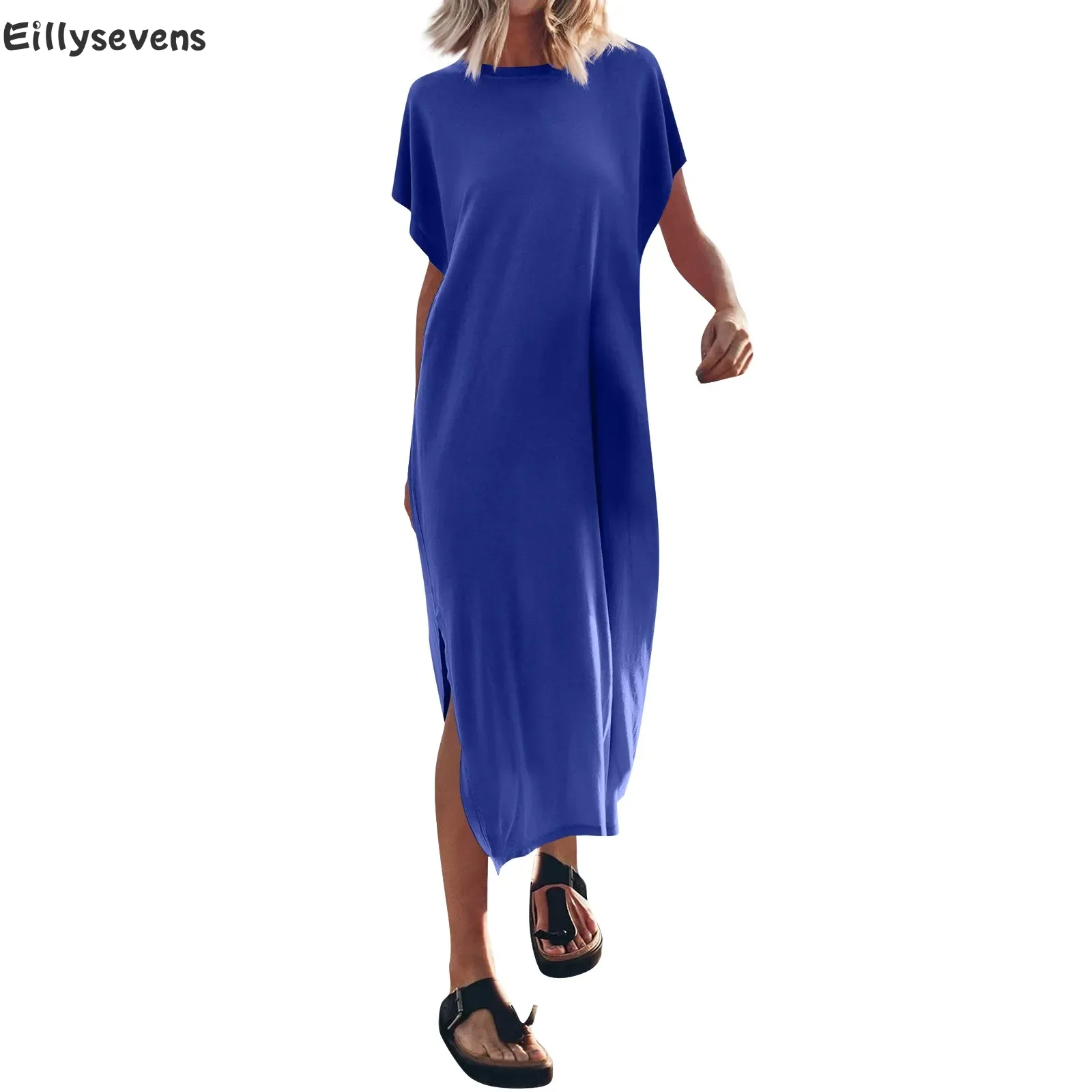 Women's Dresses Summer long skirts Shopping Printed batwing Sleeve Split dress Round Neck Casual Loose Solid color simple faldas