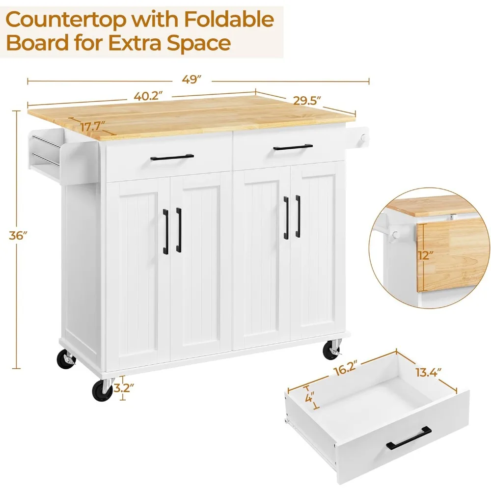 عربة جزيرة المطبخ المتدحرجة مع أوراق متدلية، جزيرة بعرض 49 بوصة على عجلات مع خزانة وأدراج، سطح من الخشب المطاطي، منفصل