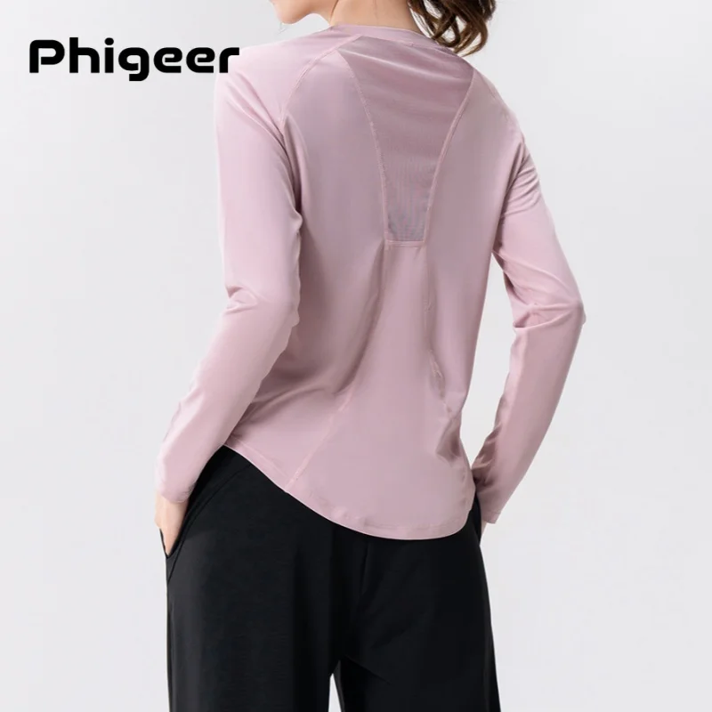 

PHIGEER свободный топ для йоги с длинным рукавом, спортивная футболка, женская осенне-зимняя дышащая спортивная рубашка, легкая быстросохнущая футболка для бега