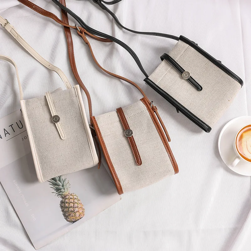 New Retro Canvas Mini Crossbody Bags Korean Contrast Color Mobile Phone Bag Simple Buckle Square Shoulder Bag Women Handbags