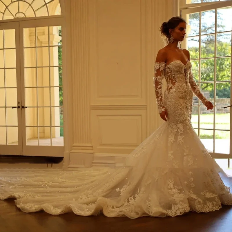 Jane Eyre فستان زفاف حورية البحر مخصص بأكمام طويلة من فيستدو دي نوفيا مزين بالدانتيل فستان زفاف عتيق رداء De Mariee