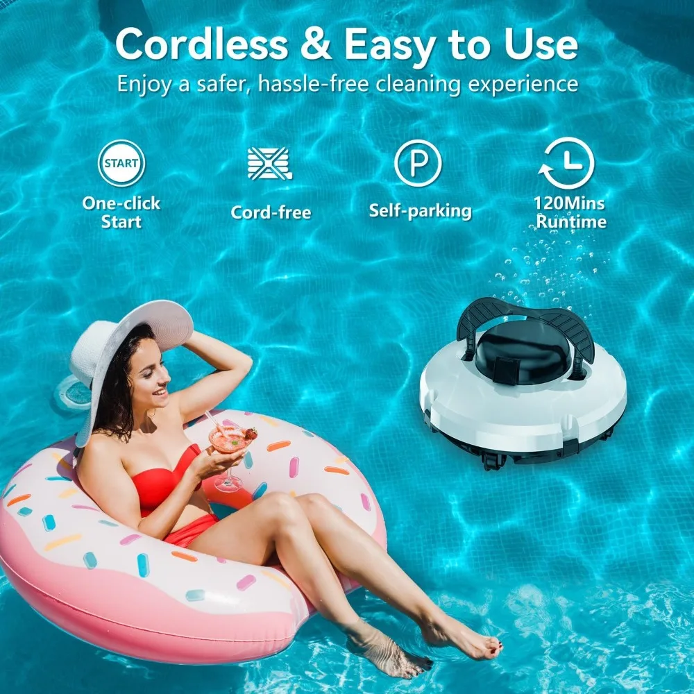 Upgrade Robot Pool Vacuum for Above Ground Pool, Cordless Robotic Pool Cleaner Dual Motors, 120 Mins Runtime, Auto-Dock