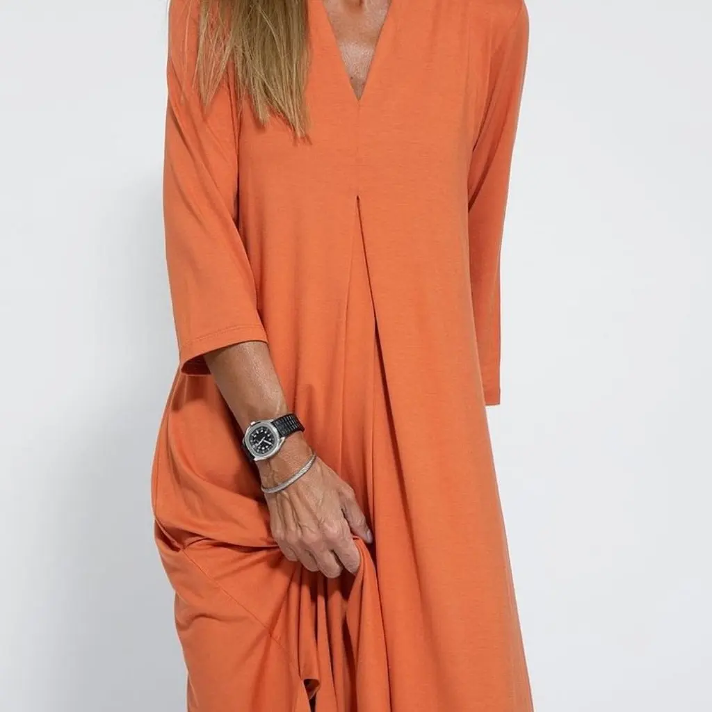 Women's V-neck Knitted Long Split Dress Solid Color European American Fashion Seven-point Sleeve Maxi Dress