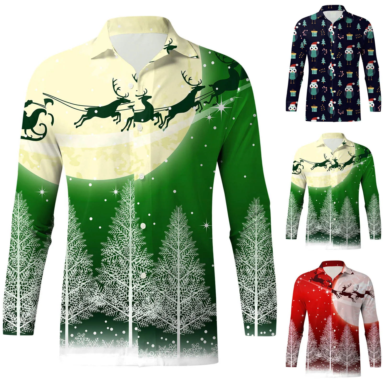 

Christmas Tree Elk Printed Shirts Mens Turn Down Collar Full Sleeve Fitness Blouse Stylish Xmas Party Business Slim Shirts Male