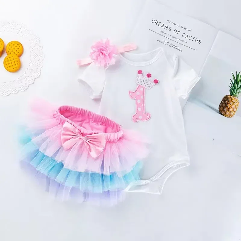 

Adorable Summer Baby Girl Outfit Cute Short Sleeve Romper Letter Print Tulle Frill Skirt Floral Headband for Birthday