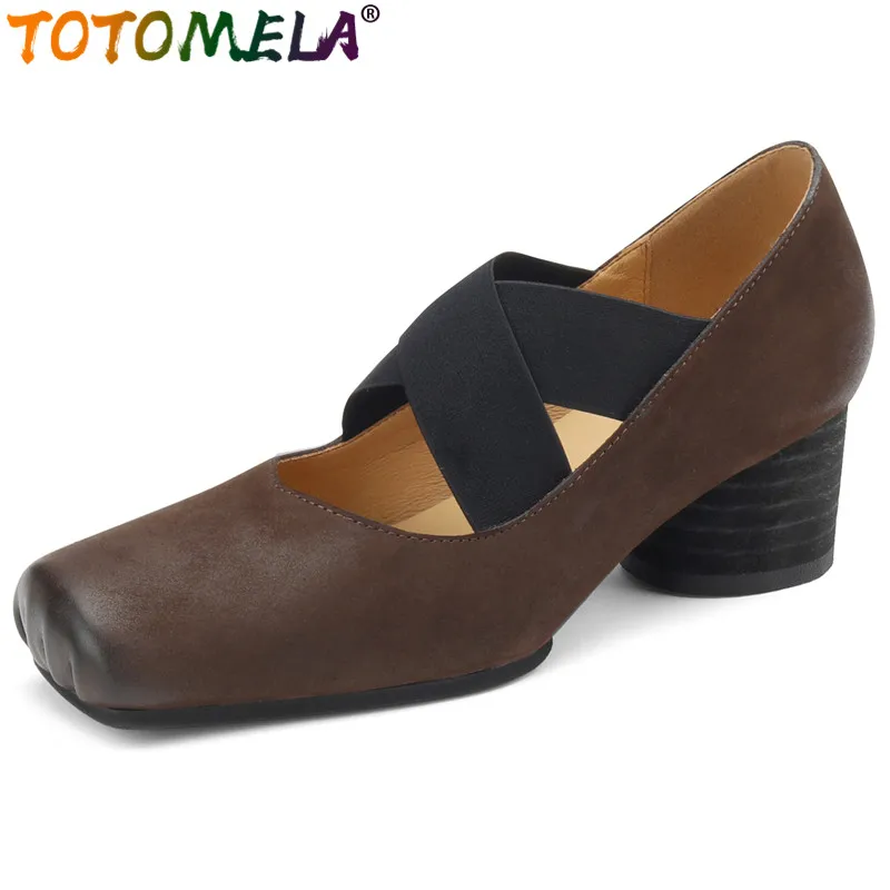 

TOTOMELA Size 33-40 New Slip On Genuine Leather Women Pumps Square Toe Thick Med Heels Retro Ladies Office Dress Shoes