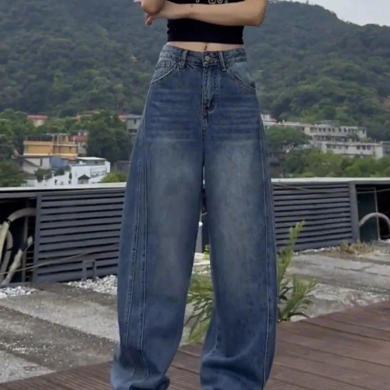 Large-sized Curved-cut Wide-leg Jeans for Women in The New Autumn Style Loose Slimming American High Street Straight-leg Pants