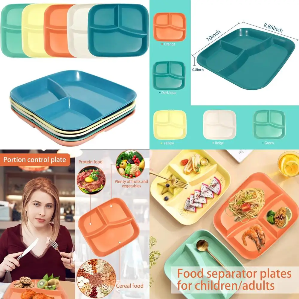 

10-дюймовые обеденные тарелки с контролем порции пшеницы, 5 небьющихся отдельных тарелок для взрослых, квадратные тарелки-разделители для детского питания с 3 отделениями