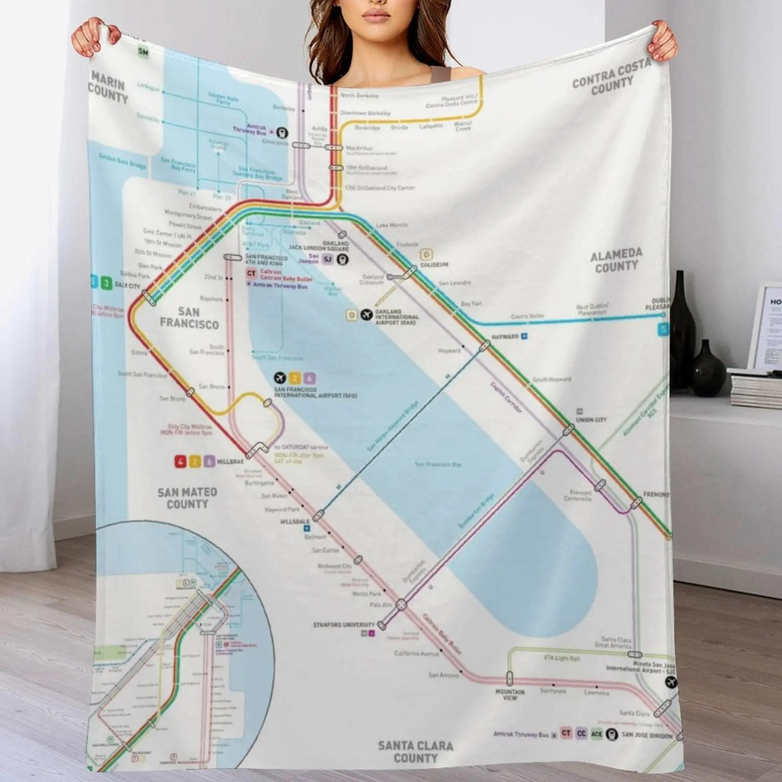 

San Francisco Bay Area Transit Map Throw Blanket Soft Plush Plaid christmas gifts Moving Single Blankets