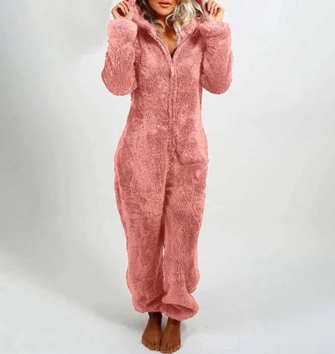 CPSYMYM Overall Frauen Herbst Plüsch Einfarbig Casual Langarm Täglichen Hause Overall Mit Reißverschluss Mit Kapuze Pyjamas