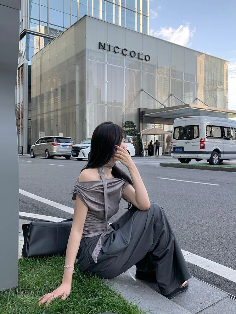 

Liuu Metal Feel One oulder Strap Vest Women's No Strap Waist Cinching Slimming Pleated Drifting Belt Top ort Length ...