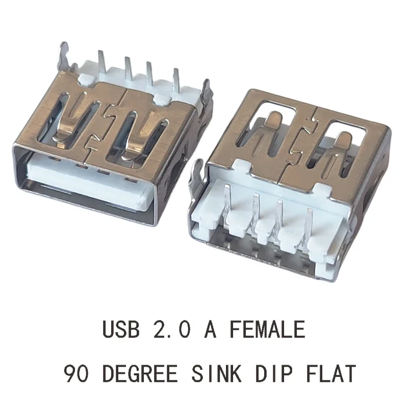 5PCS USB 2.0 Jack Female Socket USB Connector Female Sink 3.8 4P DIP 90degree 2 Bent Feet PCB Mounting Flat Mouth