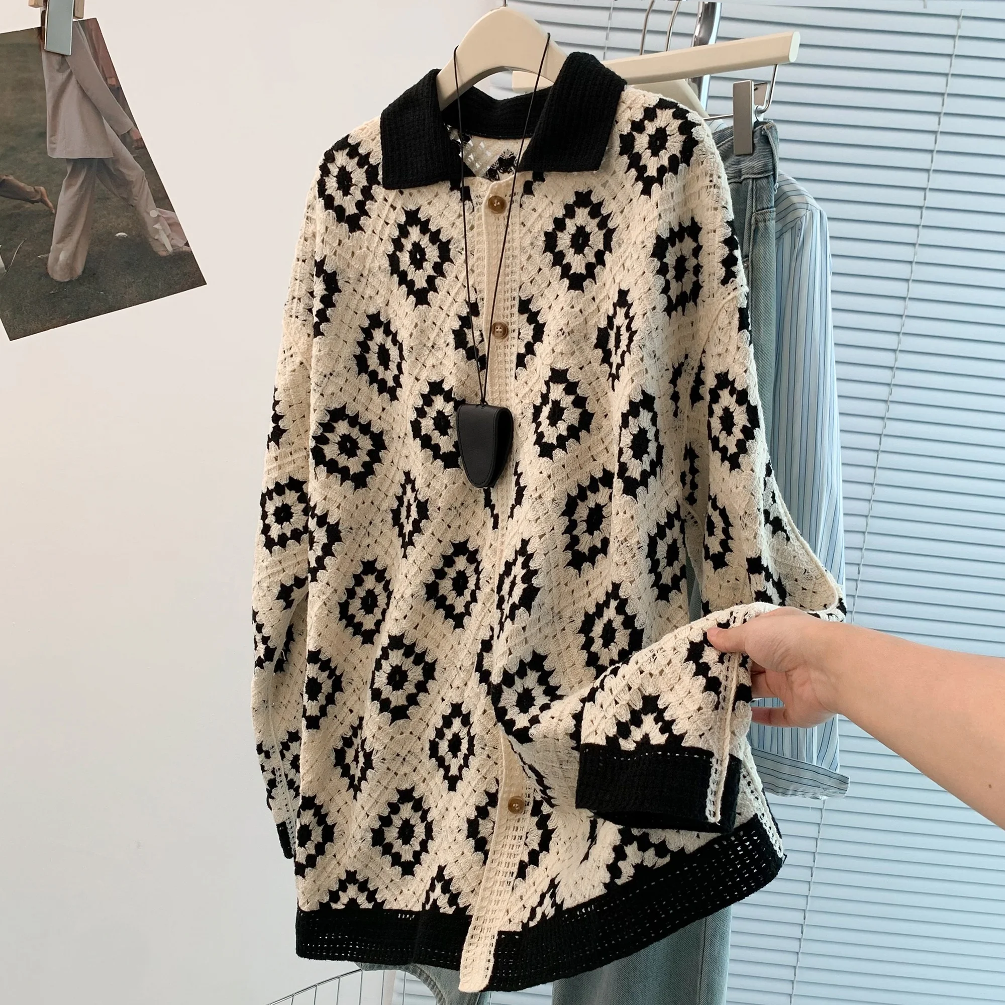 カジュアルなゆったりとしたニットコットンのティード、透かし彫りのダイヤモンド柄のオープンカーディガン、秋冬の新作、小さめのフレンチスタイル、スリーブアウト...