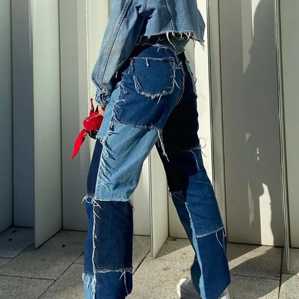 Patchwork High Waist For Female Denim Pants Belt Slim Jeans Wide-legged Colorblock Pocket Flares Trousers Fashion Streetwear