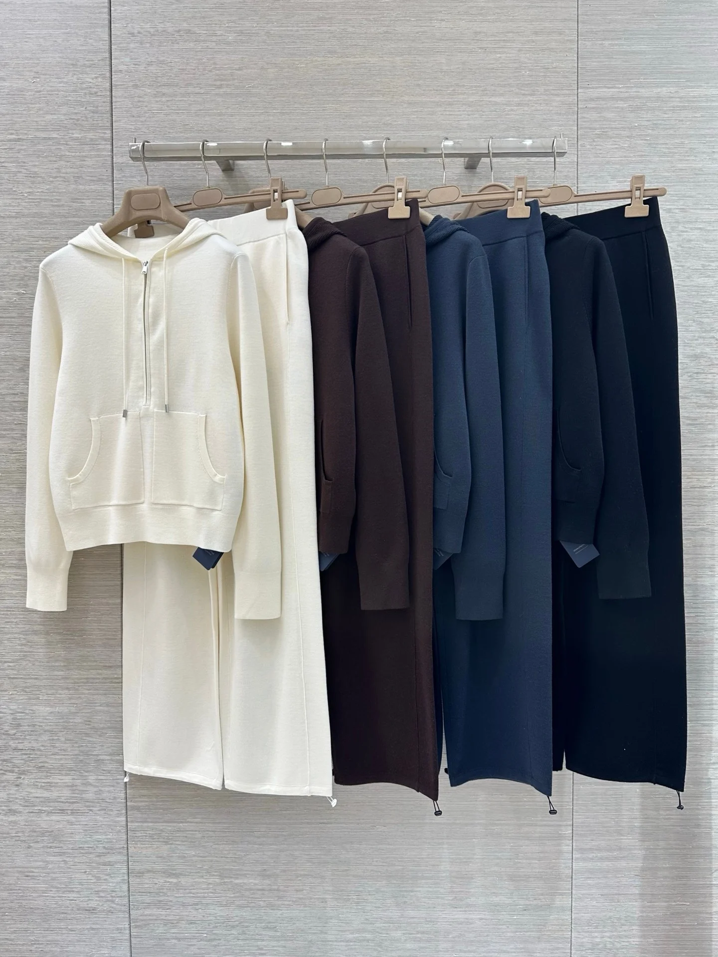 

Women 100% Wool Knitted Set Long Sleeve Hooded Cardigan + Elastic Waist Straight Wide Leg Pants Loose Knit Suit