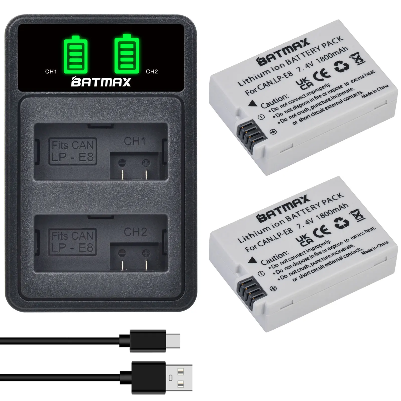 

Batmax LP-E8 LPE8 Camera Battery+LED USB Dual Charger with Type C Port for Canon Rebel T2i T3i T4i T5i EOS 550D 600D 650D 700D