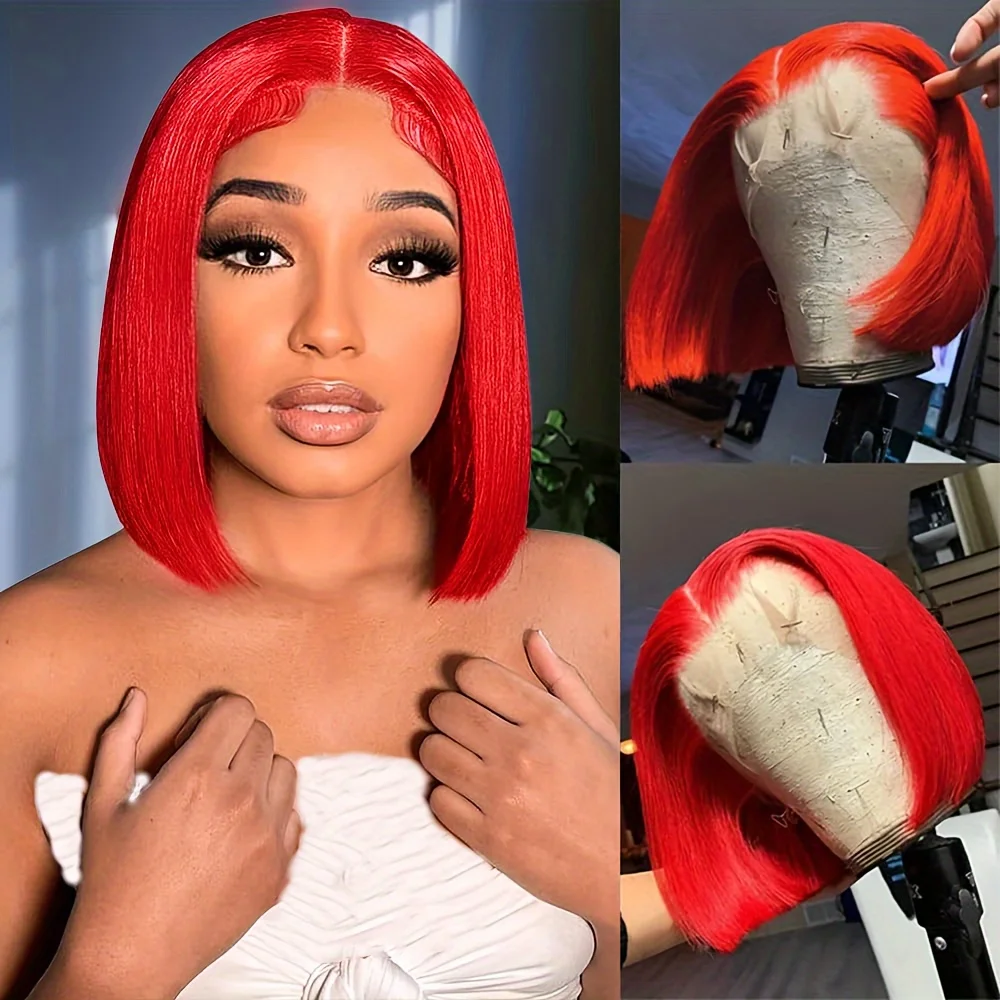 13x4 Red Bob Lace Front Wigs Human Hair 150% Density Straight HD Transparent Lace Front Bob Wigs Human Hair Colored Bob Wig