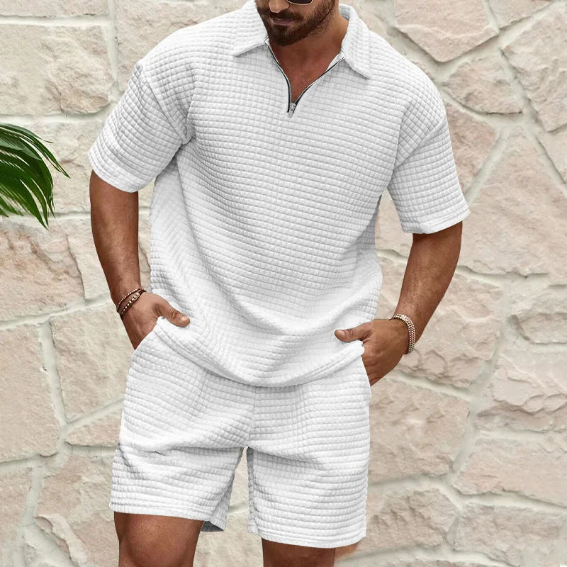 Summer Casual Trend Men\'sPolo shirt+shorts Fashion Comfort Waffle Solid Color Turtleneck Tracksuit Short Sleeved T-shirt Set