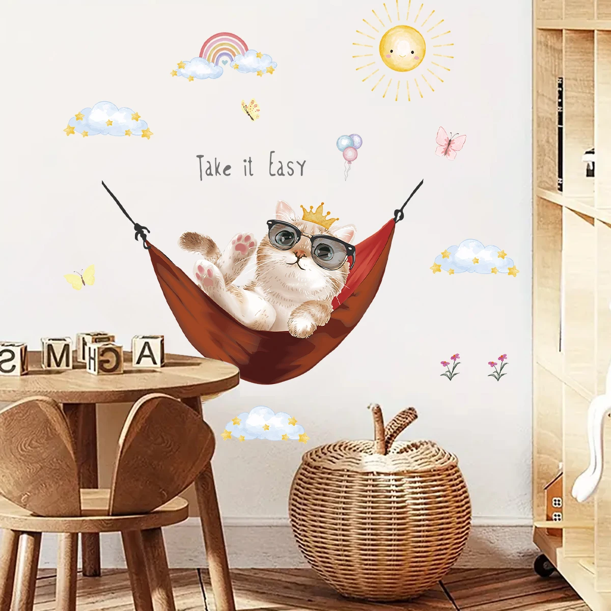 1Pc Cute Cartoon Cat Basking in The Sun Wall Decals Bedroom Decoration Wall Stickers for Kids Home Decor Children's Room