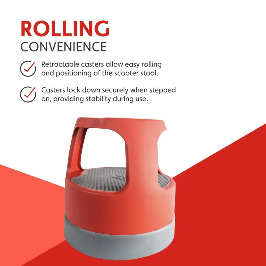 Scooter Stool, Round, 2Step, 15, Step and Lock Wheels, 300 lb Capacity, Red