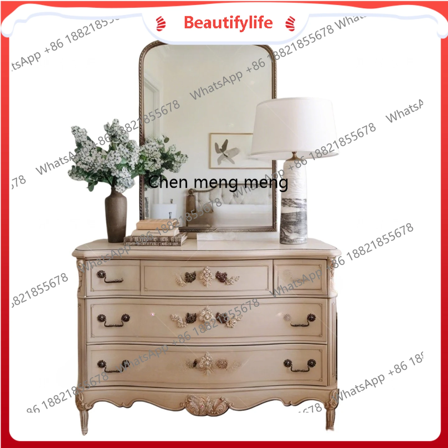

French retro solid wood carving flower porch cabinet bedroom dresser home decoration locker H