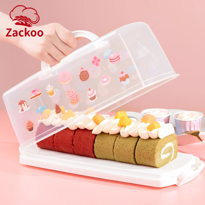 

Zackoo Plastic Portable Cake Box with Handle Clear Lid Reusable Rectangle Bread Keeper Fresh-Keeping Boxes Dessert Container