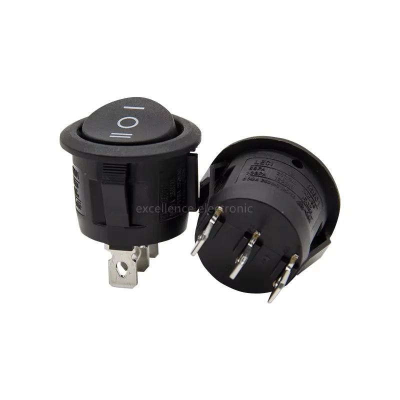 10Pcs 23mm Round Black 3 Pin 10A/125V 6A/250V AC 3 Position SPDT ON-OFF-ON Rocker Switch Snap-in