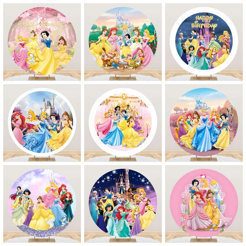 Fondo redondo de princesa de Disney personalizado Castillo Cenicienta Rapunzel Blancanieves Princesa La Sirenita Cubierta Niñas Fiesta de cumpleaños Baby Shower Photo Booth Decoración Fotografía Accesorios Suministros