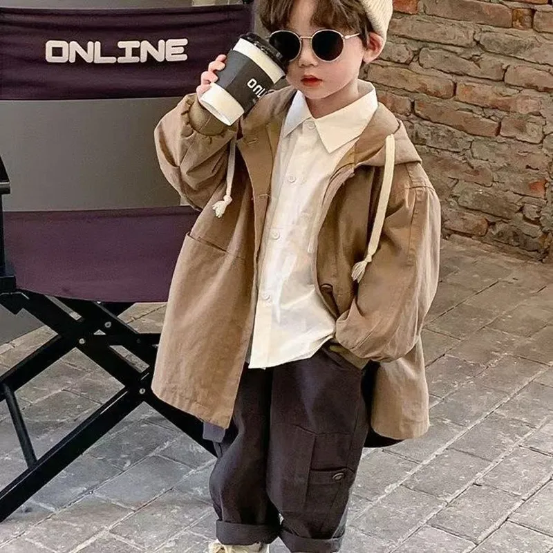 

2-7 Year Kids Boys Trench Coat Spring and Autumn Korean Children's Baby Western Style Hooded Jacket without hat rope 90-140cm