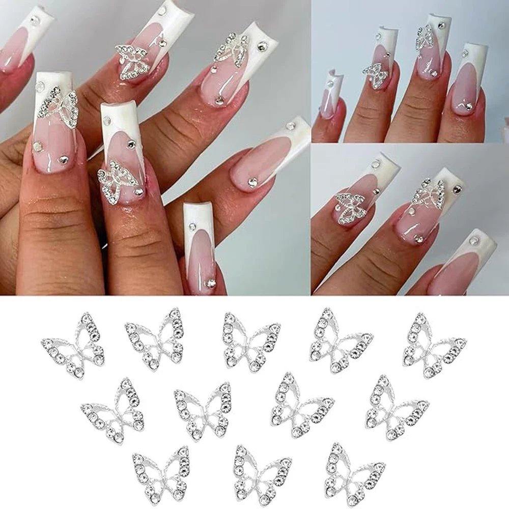 10pcs Alloy Butterfly Nail Art Charm 3D Gold/Silver Diamond Multi-shape Butterfly Nail Decoration DIY Glitter Nail Accessories