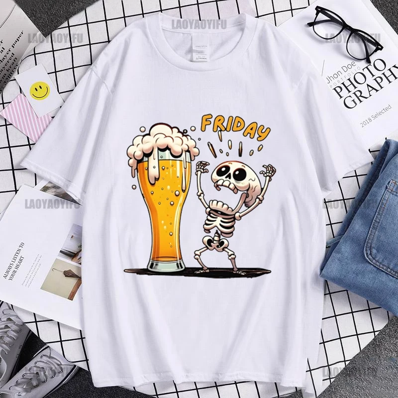 

Men's T Shirt Short Sleeve Tops Skeleton Enjoying FRIDAY Tees Cotton Finally Friday for Beer Lovers Male Clothes