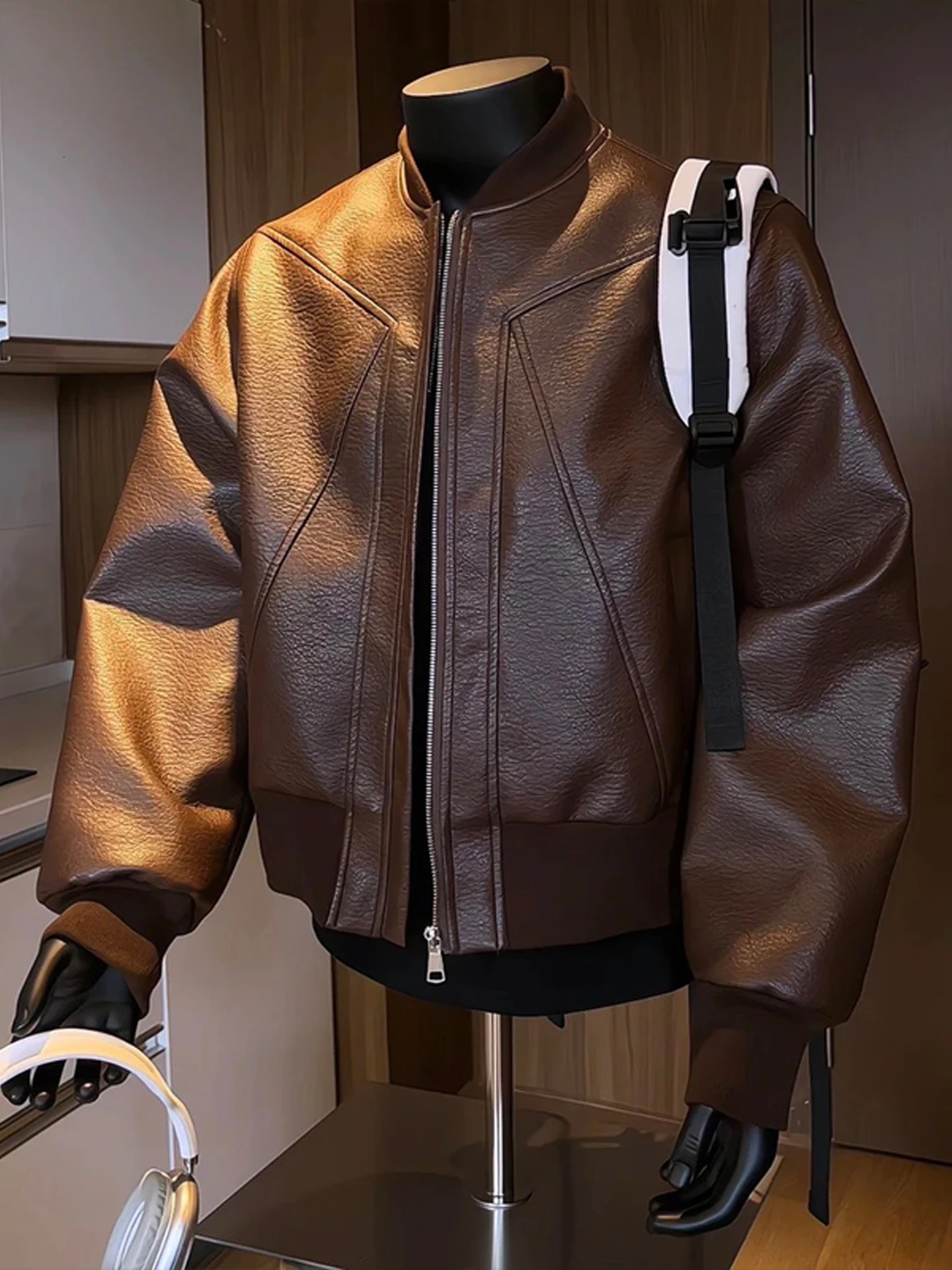 American Sle Retro Leather Jaet Men's ort Coffee Color Motorcycle Jaet Boxy Version Baseball orm Casual Outerwear