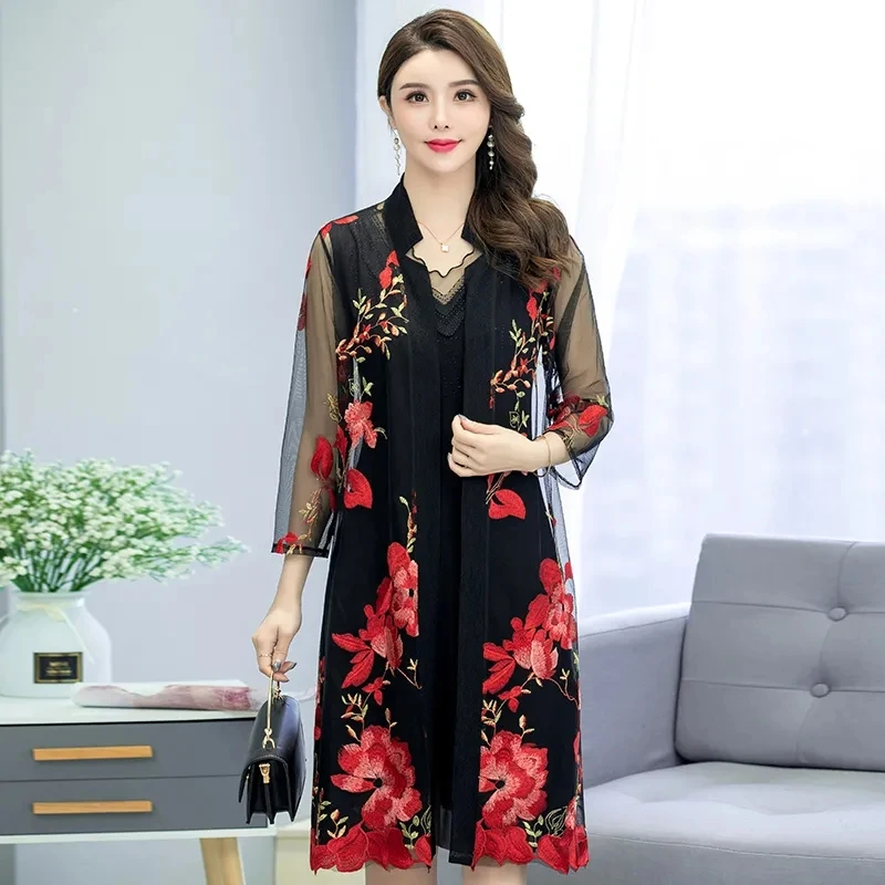 Summer New Ethnic Style Embroidered Cardigan Jacket Women Large Size Thin Long Sun Protection Clothes Female Lace Shawl Coat 5XL