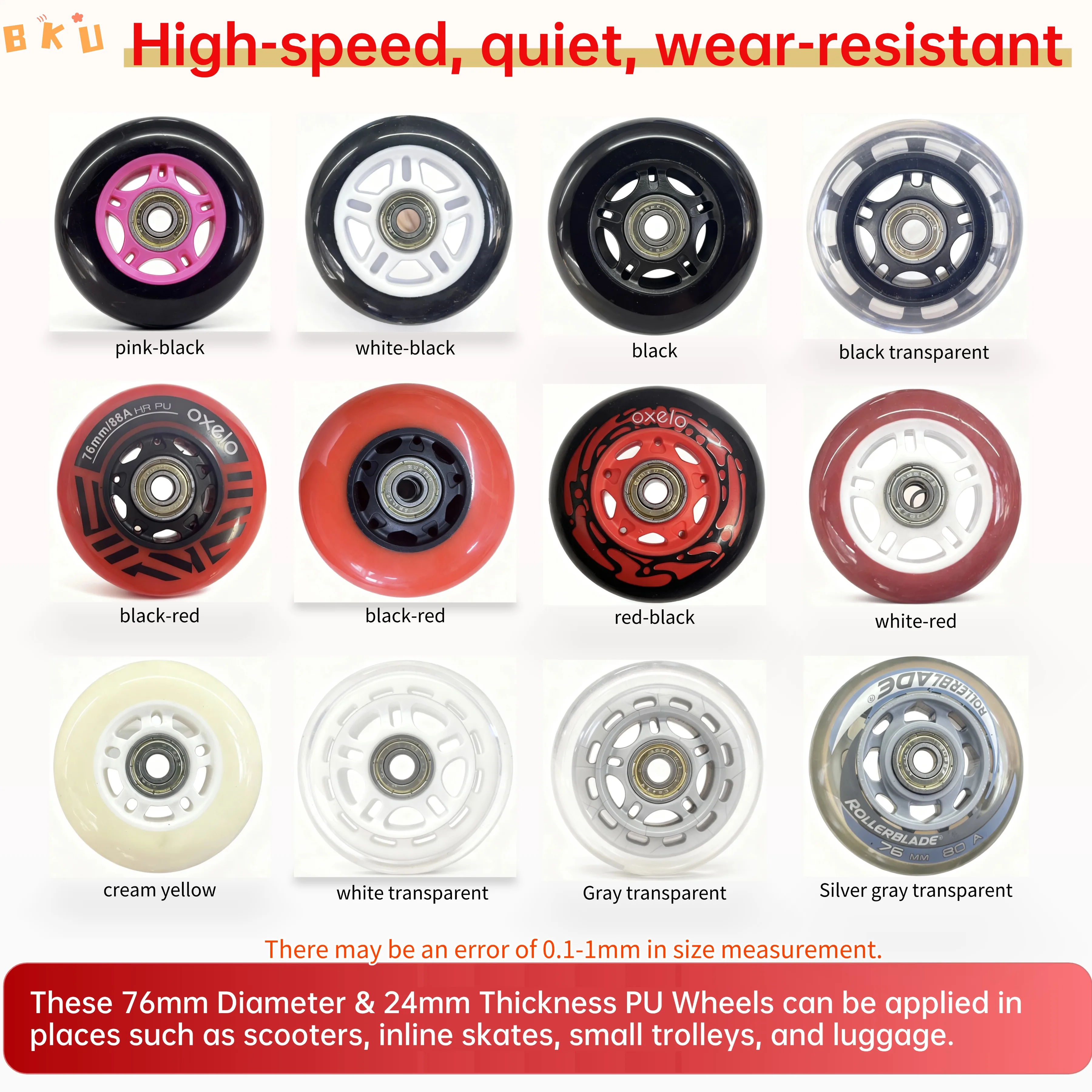 

2pcs 76mm (3 Inch) PU Wheels with ABEC-7 Bearings, Replacement Wheels for Inline Skates, Kids Scooters, Luggage -12 Color Option
