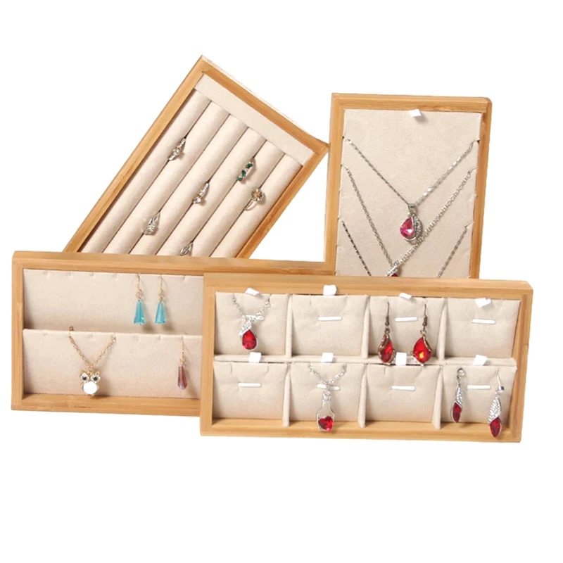 Multi-function Bamboo Jewelry Display Tray Earrings Necklace Ring Holder Rack Display Stand Storage Tray 22*11cm