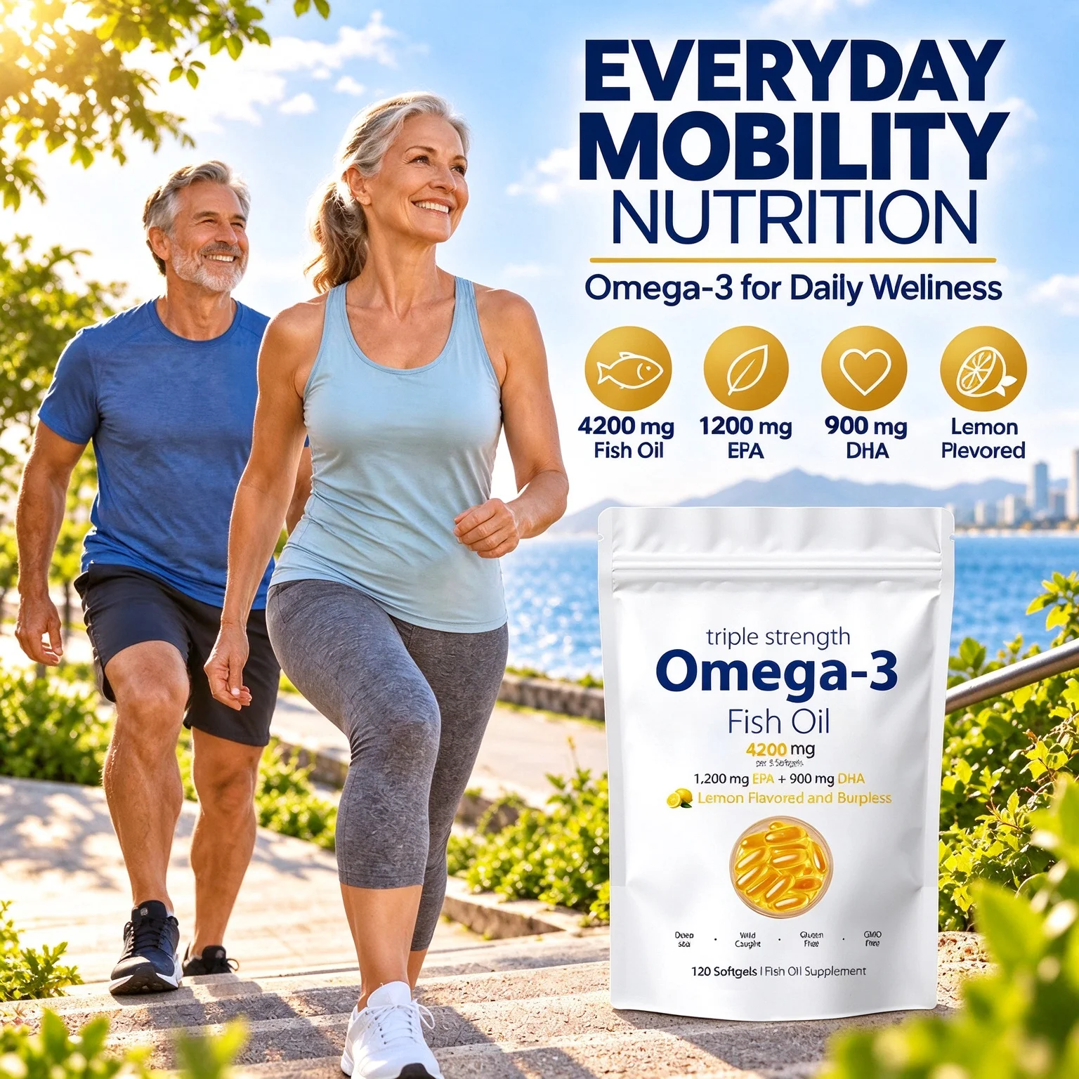 Fish Oil Capsules Omega-3 Rich in EPA & DHA for Heart Brain Eye Immune Health Support Lemon Flavor Daily Supplement 120 Softgels